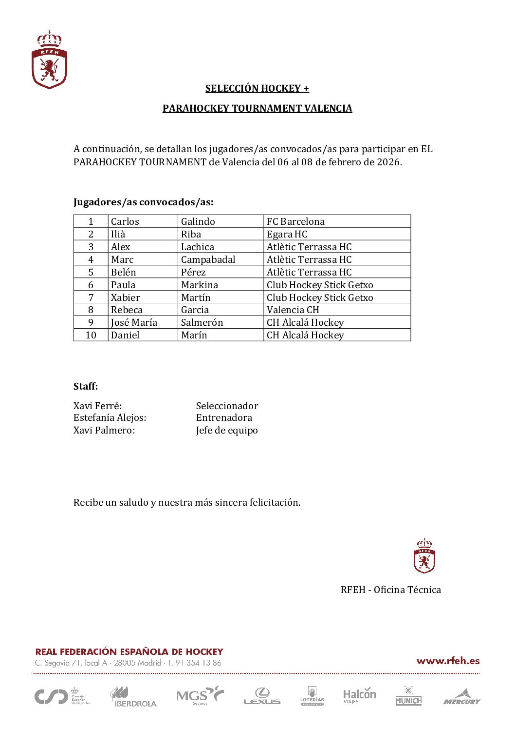 Nuestr@s jugador@s Xabier Martin y Paula Markina, convocados con la selección Hockey+ para participar en EL PARAHOCKEY TOURNAMENT de Valencia del 06 al 08 de febrero de 2026